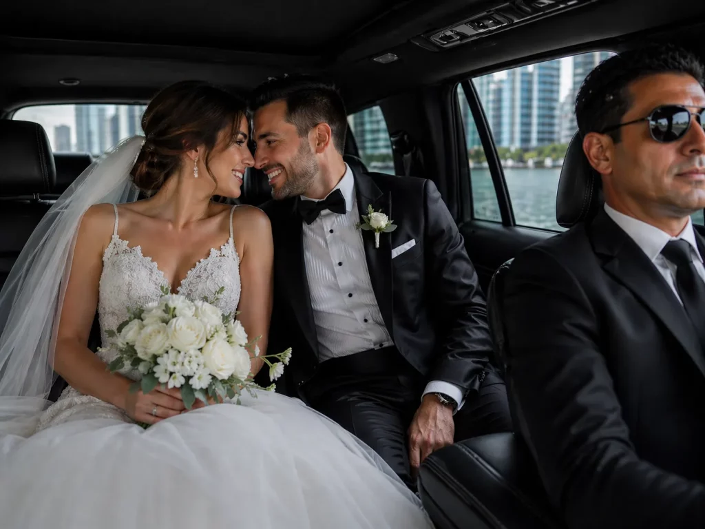 wedding chauffeur miami luxury interior couple